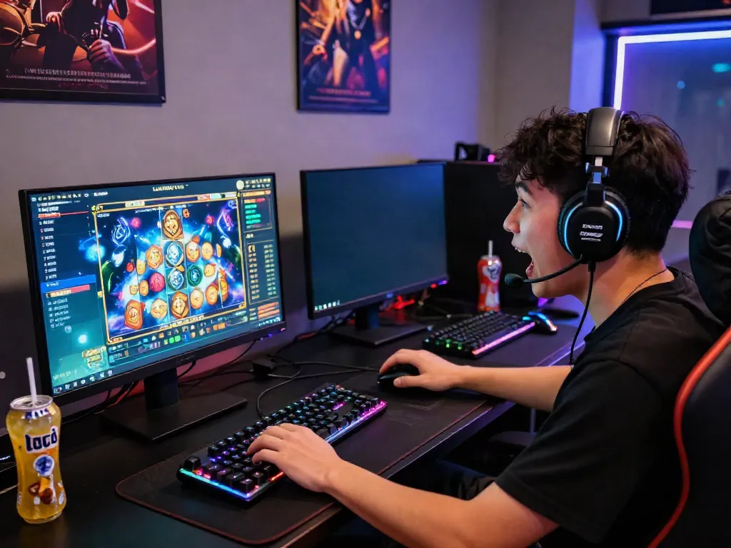Competitive online gaming session on Luxury111 with intense player focus and vibrant cosmic graphics.