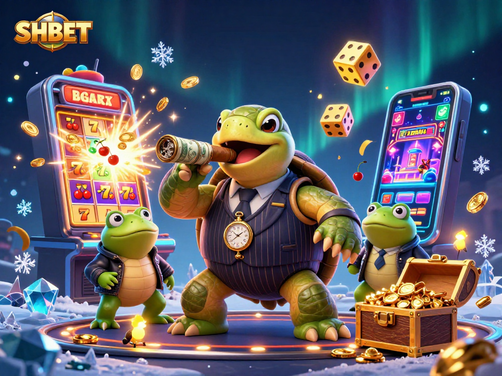 Engage with SHBET's thrilling gaming world featuring a turtle mobster and vibrant slot jackpot.