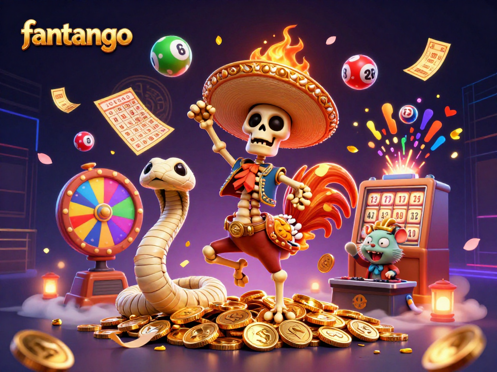 Experience the thrilling win at fantango with vibrant characters celebrating amidst lottery elements.