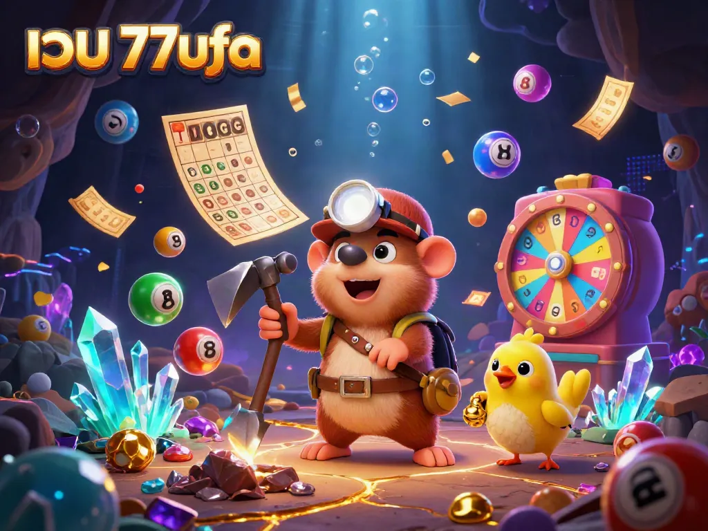 Engage with เว็บ 77ufa and discover vibrant lottery and casino elements in this colorful scene
