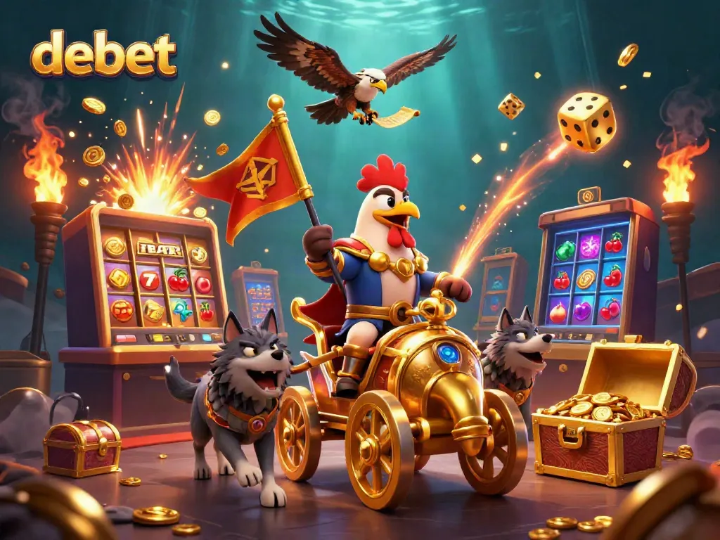 Experience the thrilling debet casino adventure with a rooster warlord and golden chariot in a vibrant scene.