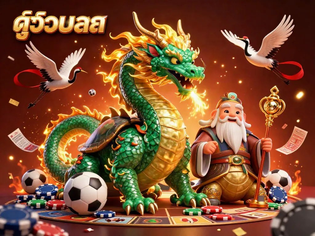 Engaging scene of sports betting featuring a massive emerald dragon and a wise turtle, showcasing the excitement of watching sports live with the keyword ดูบอลสด.