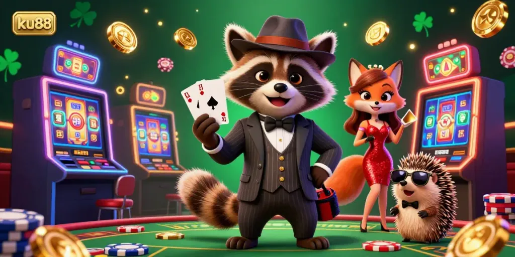 Engage with ku88's vibrant casino environment featuring a raccoon in a suit, royal flush, and lively game elements.