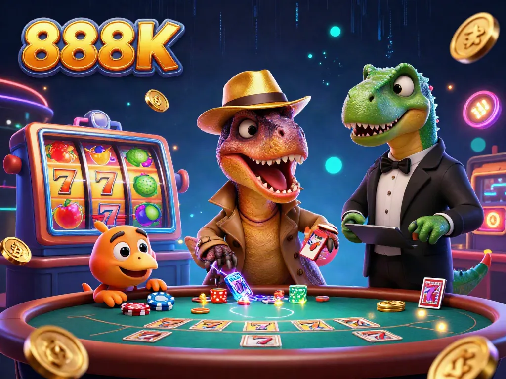 Engage in thrilling gameplay at 888K with vibrant slot machines and cheeky cartoon characters.