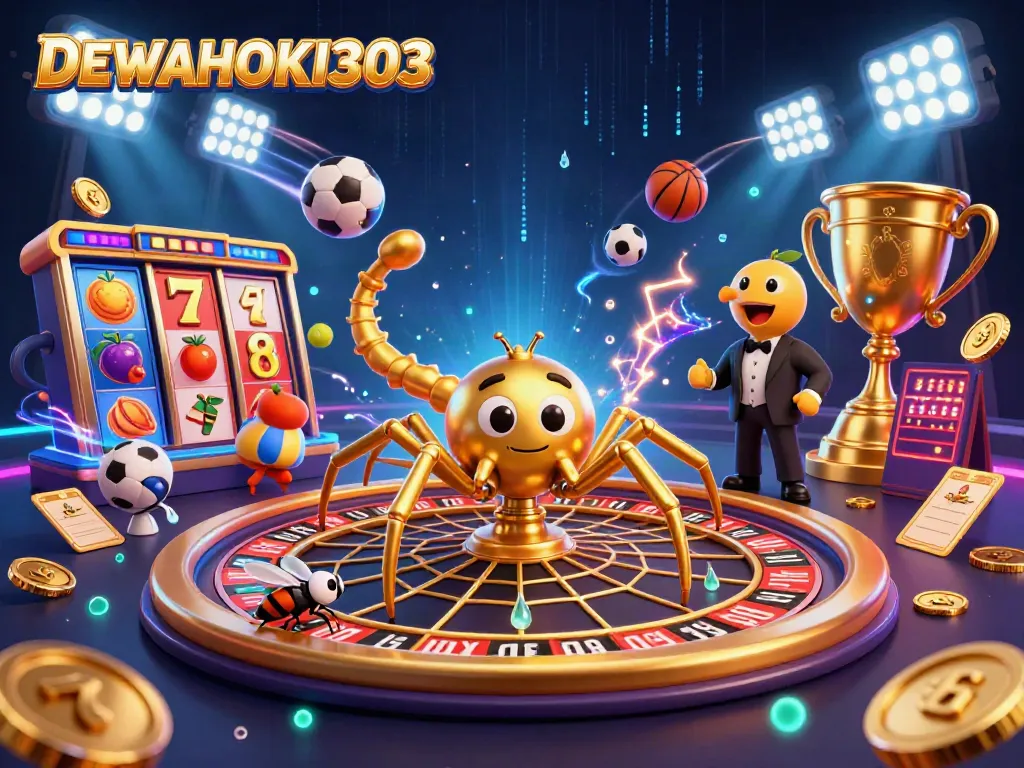 DEWAHOKI303 menghadirkan taruhan slot online dalam ilustrasi 3D menakjubkan dengan laba-laba emas.