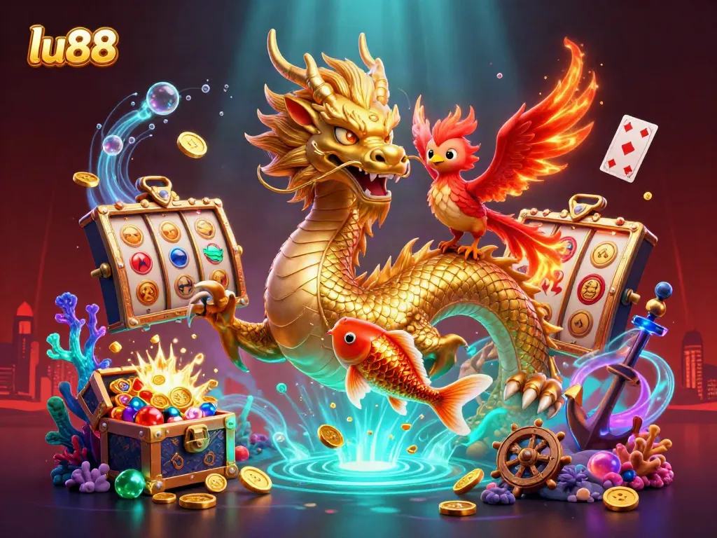 Experience thrilling wins with lu88, featuring a golden dragon and slot game fun.