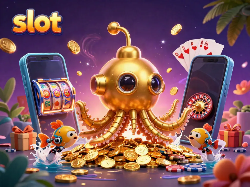Engage in thrilling slot action with a colorful 3D kraken submarine amid golden coins.