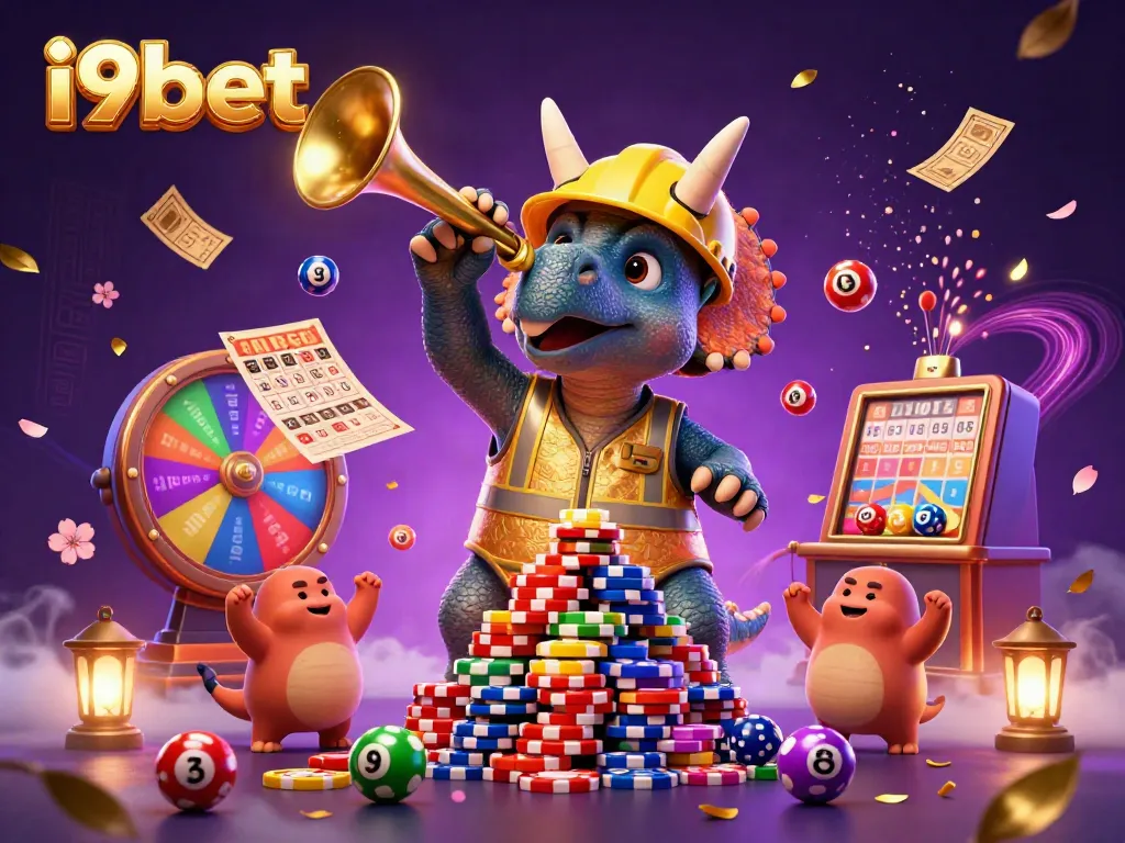 Experience thrilling wins with i9bet in a vibrant casino celebration scene featuring a triceratops and lottery elements.