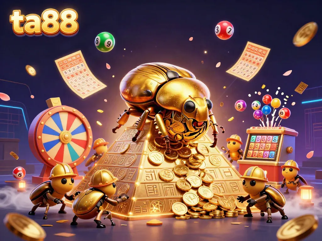 Engage with ta88's vibrant casino universe featuring a golden beetle and rolling coin ball.