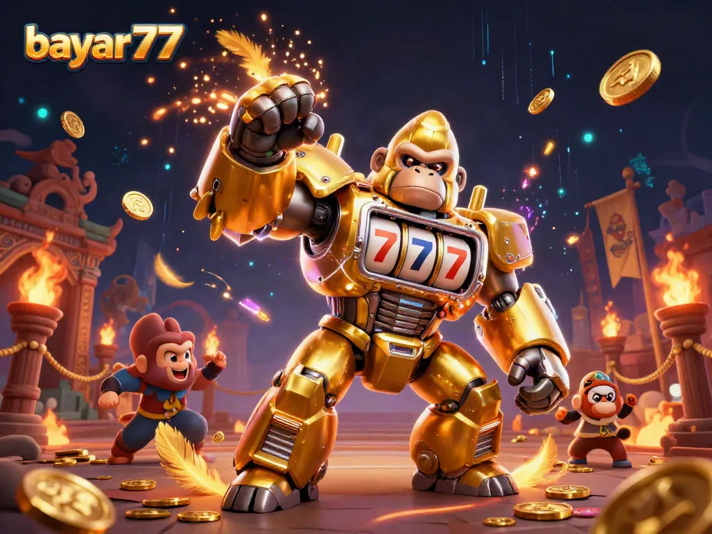 Experience seamless gaming with bayar77's gorilla mech and slot machines amidst dynamic casino elements.