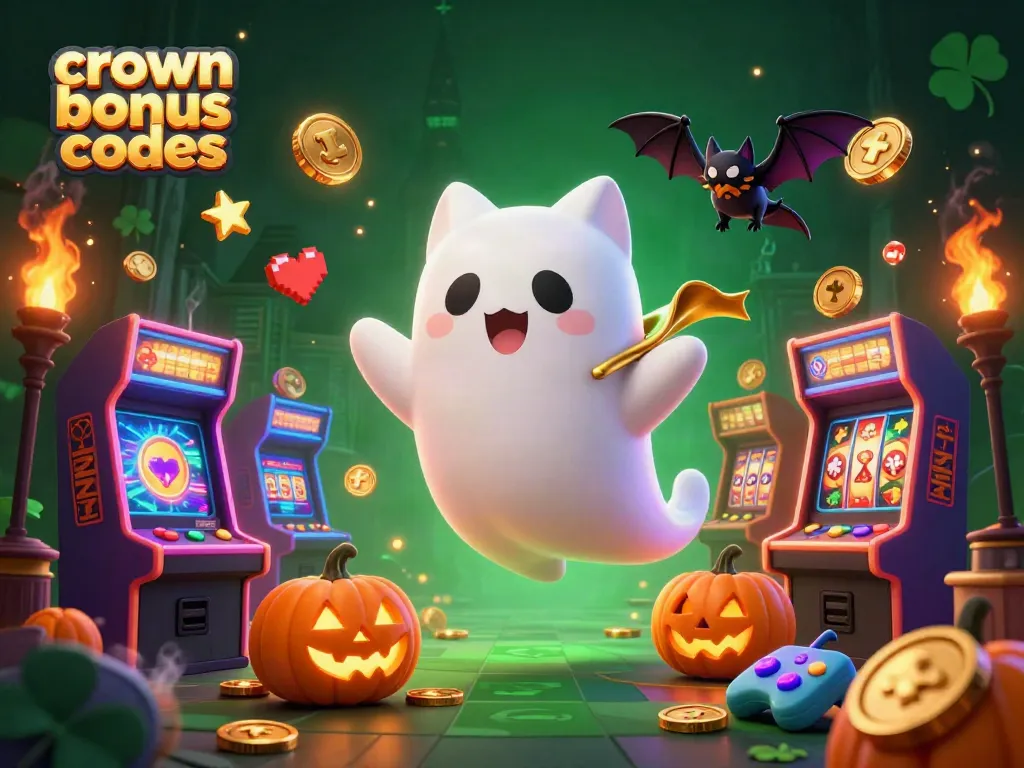 Engage with crown coins bonus codes in an immersive casino scene featuring ghost cat and vampire bat.