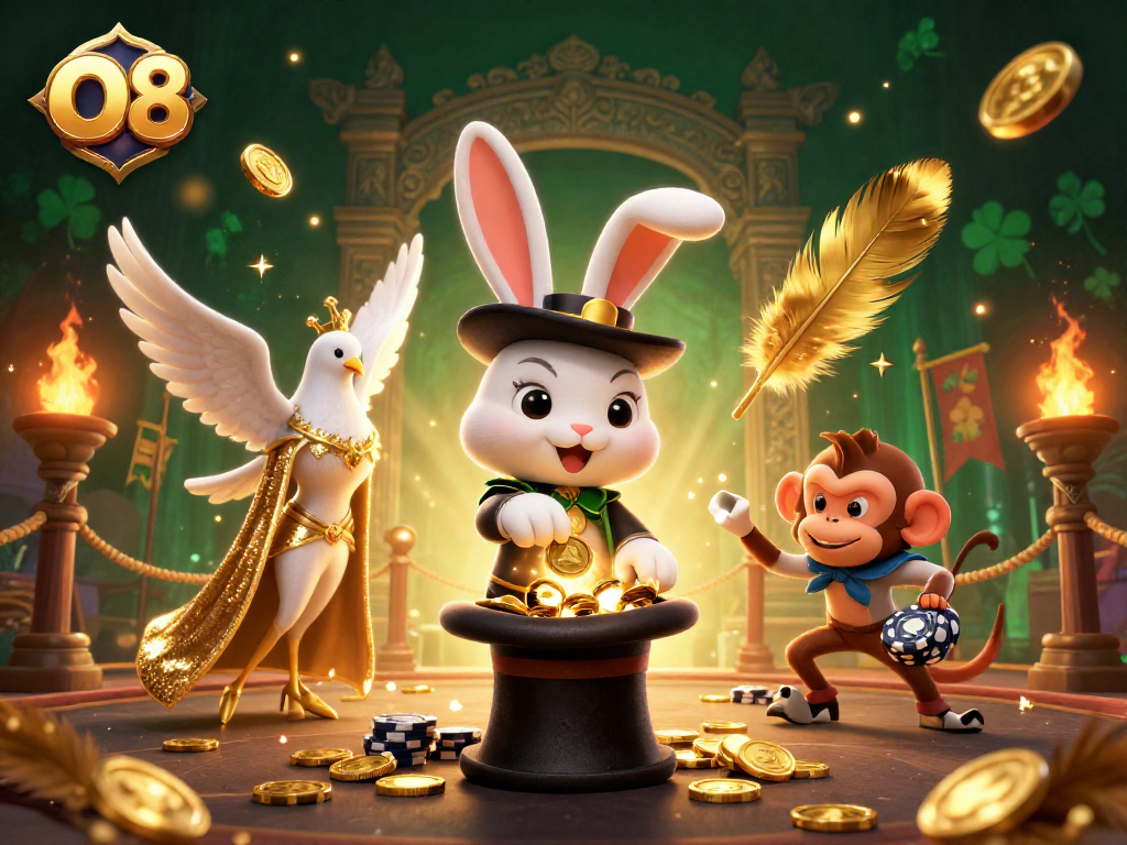 Experience the thrilling world of O8's gaming with a cartoon magician pulling gold coins and vibrant casino elements.