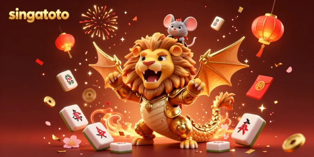 Engage with the singatoto chimera roaring triumphantly, surrounded by festive elements in a vibrant casino scene.
