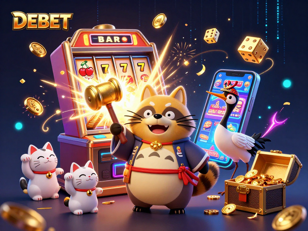 Play DEBET with a cheerful tanuki in a vibrant casino scene filled with luck and excitement.