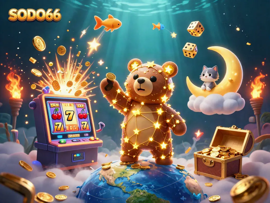 Scoop coins with SODO66's vibrant 3D casino illustration featuring constellations and jackpots.