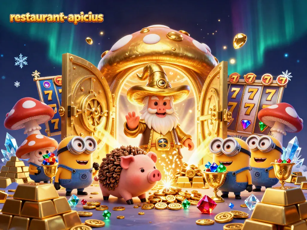 Experience the excitement of restaurant-apicius with this vibrant casino-themed illustration showcasing magical treasures and slot gaming joy.
