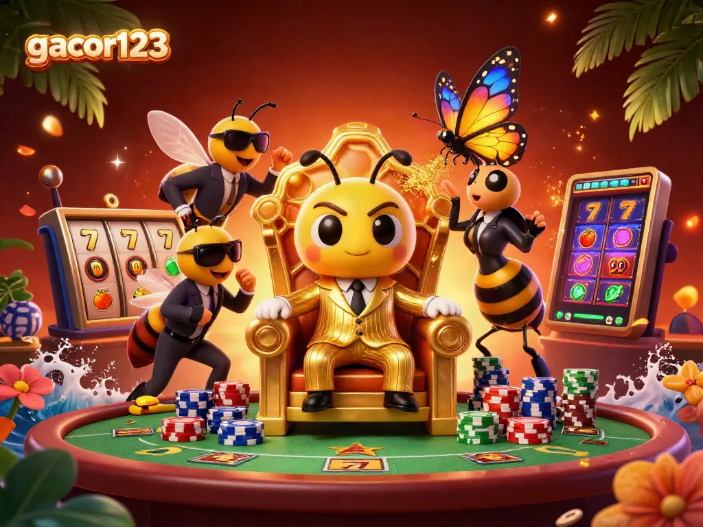 Engage with gacor123 in an exciting casino scene filled with slots, poker elements, and colorful characters.
