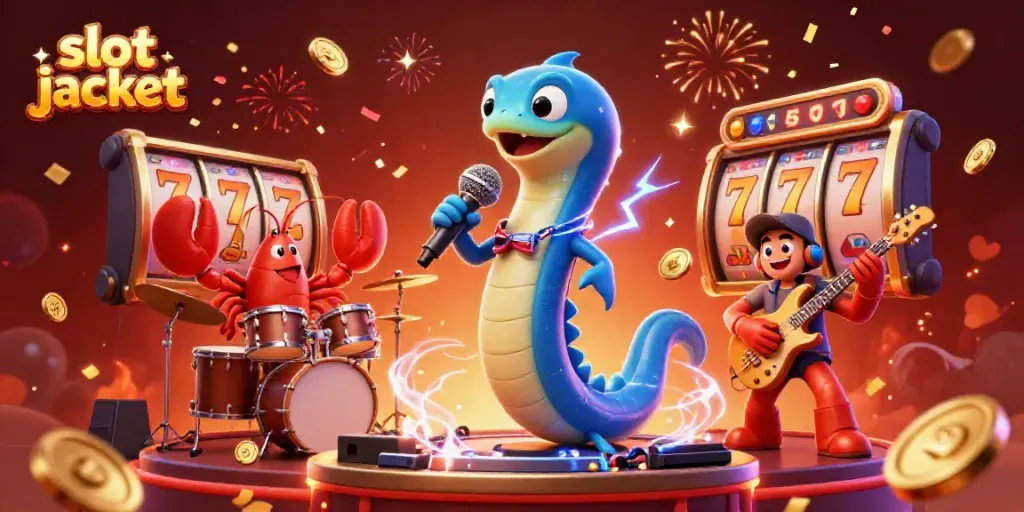 Experience thrilling slot jackpots in a vibrant underwater casino scene featuring electric eel DJ and band.