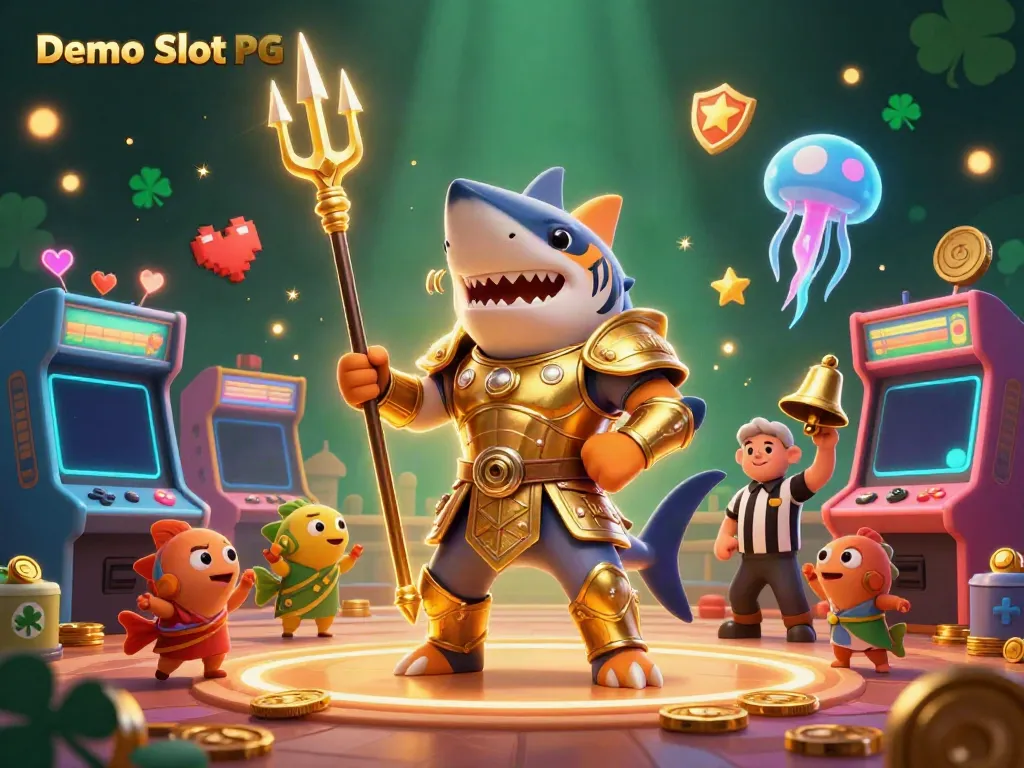 Spin to win with Demo Slot PG in this vibrant underwater casino scene featuring a golden gladiator tiger shark.