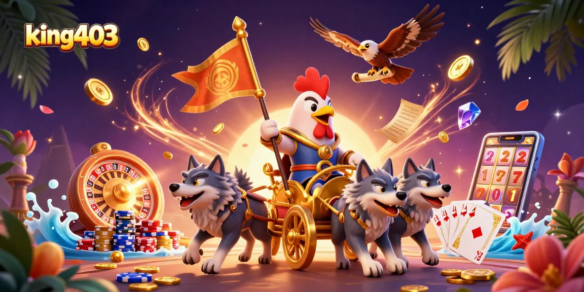 Experience thrilling wins with king403 at the casino, showcasing a vibrant rooster combat scene.