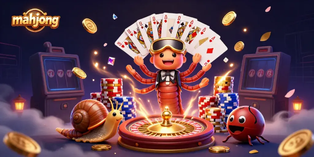 Permainan mahjong yang seru dengan dealer dan pemain ikonik yang mengelilingi tumpukan chip besar.