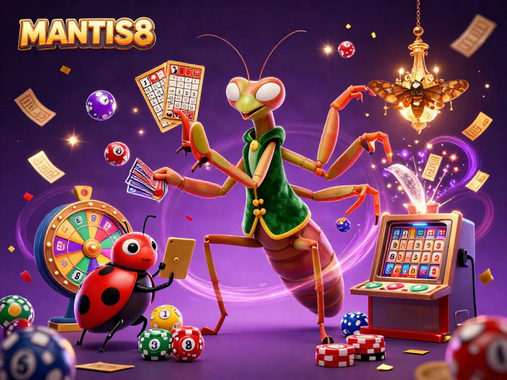 MANTIS88 celebrates with vibrant lottery elements and festive characters in a lively online casino scene.