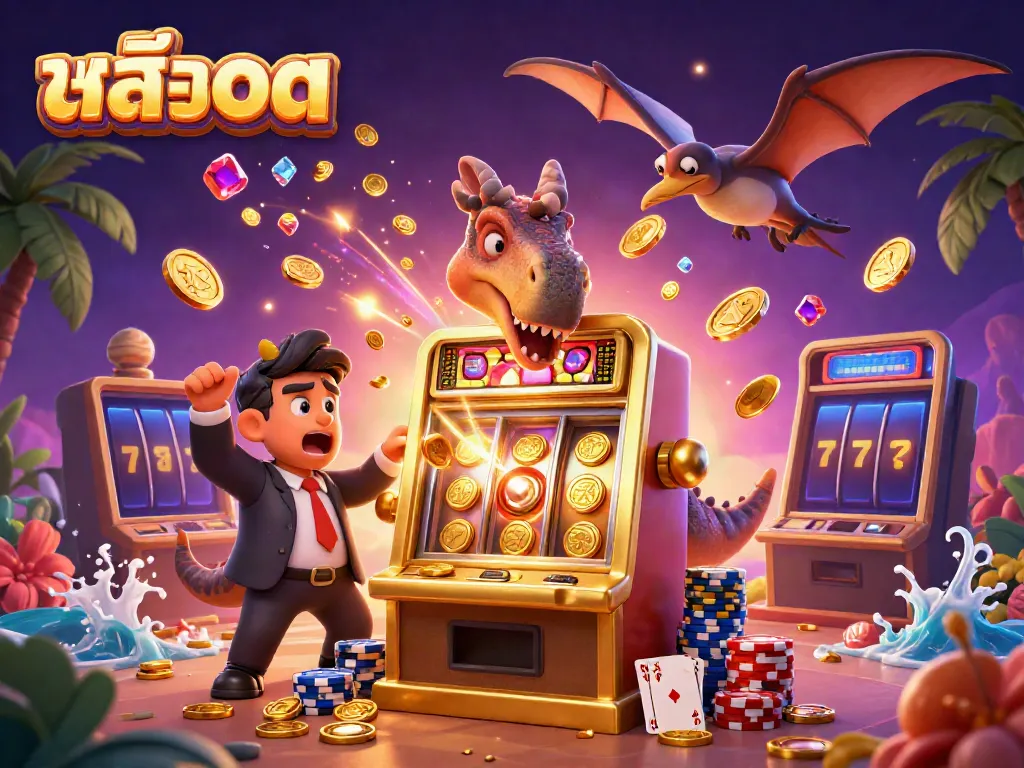 Experience สล็อต action as a pachycephalosaurus plays a jackpot slot machine, creating a thrilling casino scene.