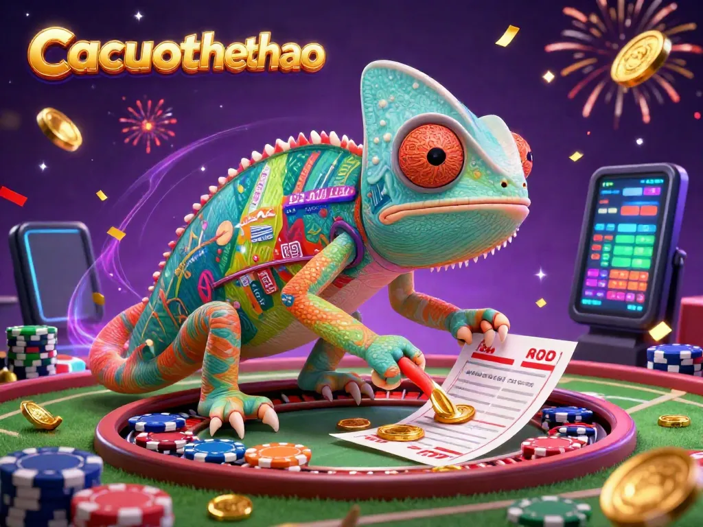 Cacuocthethao highlights sports betting excitement with a chameleon casino owner and dynamic game elements.