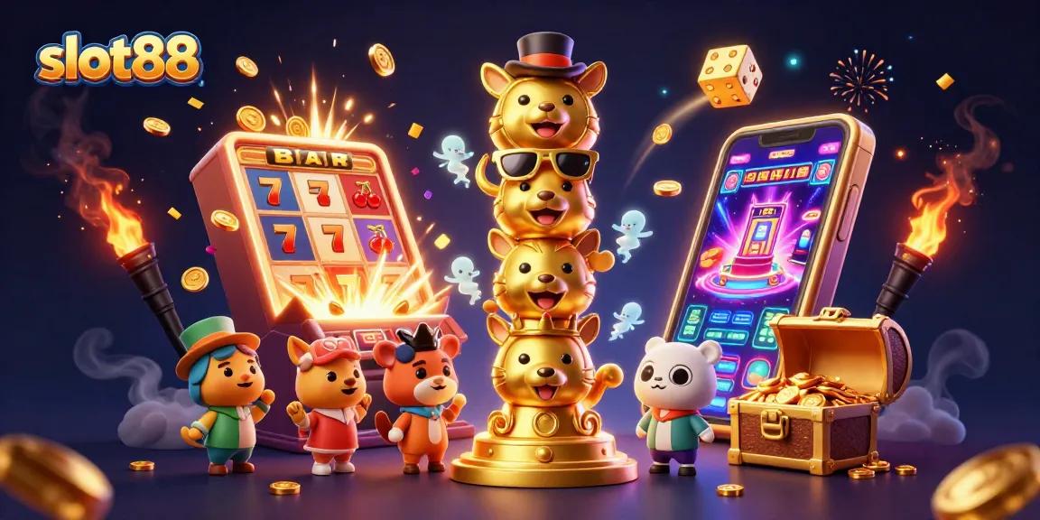 Slot88 menampilkan totem emas dan mesin slot yang memukau dalam permainan yang seru.