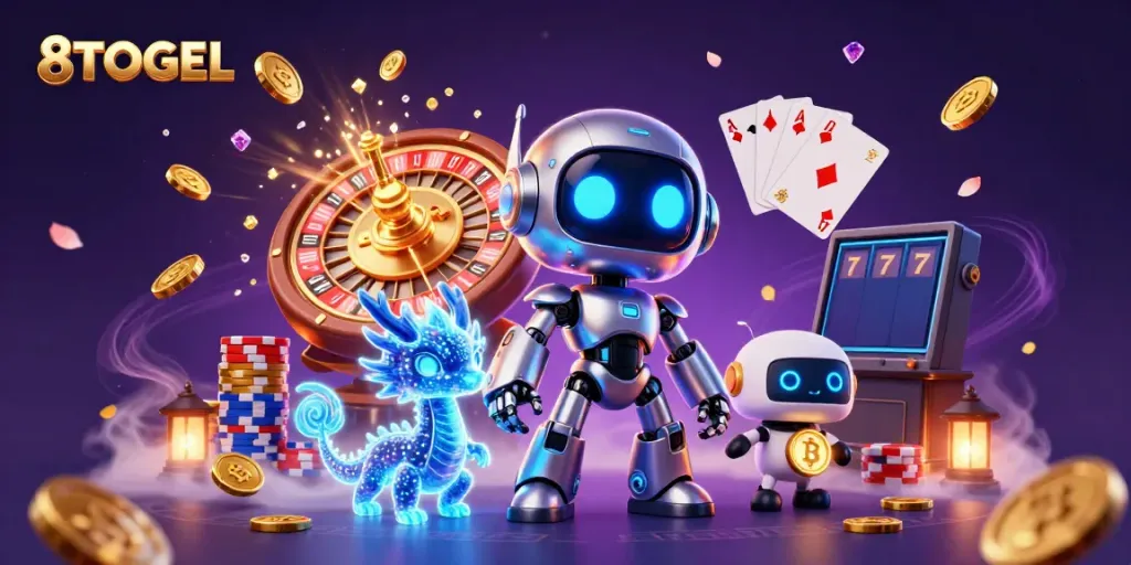 Experience vibrant gaming action at 8TOGEL with thrilling characters and lively casino elements.