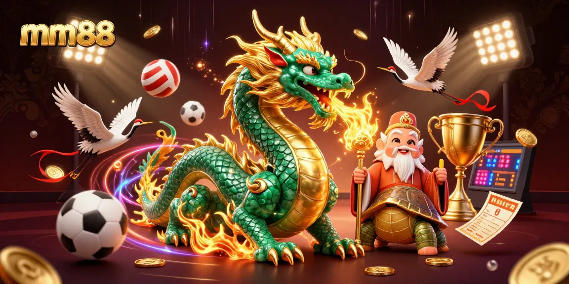 mm88 showcases a dragon and turtle sage amidst vibrant sports betting elements in a lively casino scene.