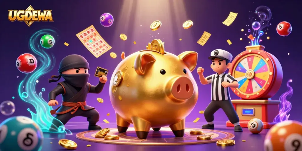 Engage with UGDEWA's dynamic casino atmosphere featuring animated characters and vibrant game elements.