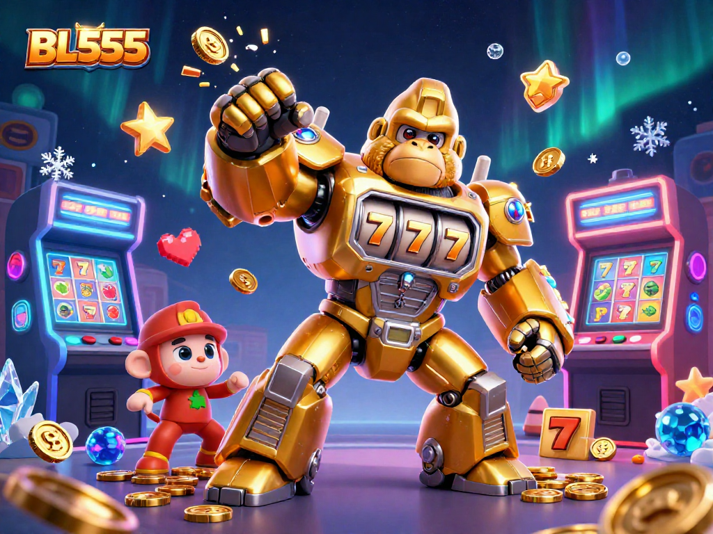 Experience the exciting BL555 transformation in a mega 3D casino world filled with golden games, slot reels, and vibrant coins!