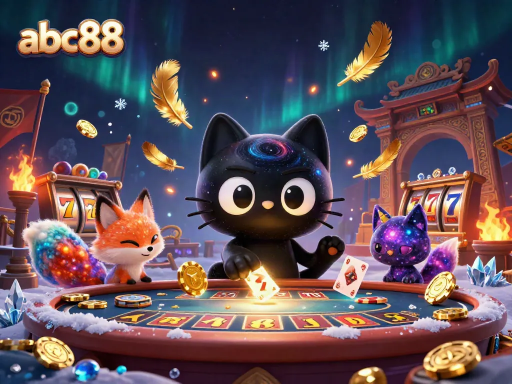 Watch abc88's black hole cat and nebula fox at a vibrant online casino themed illustration.