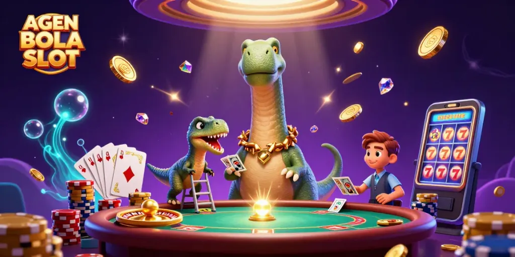 Experience the AGEN BOLA SLOT dynamic gaming scene with 3D characters amid cascading coins and glowing effects