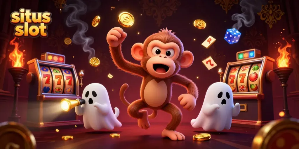 Engage in situs slot excitement with players juggled by a mischievous monkey in a lively casino.