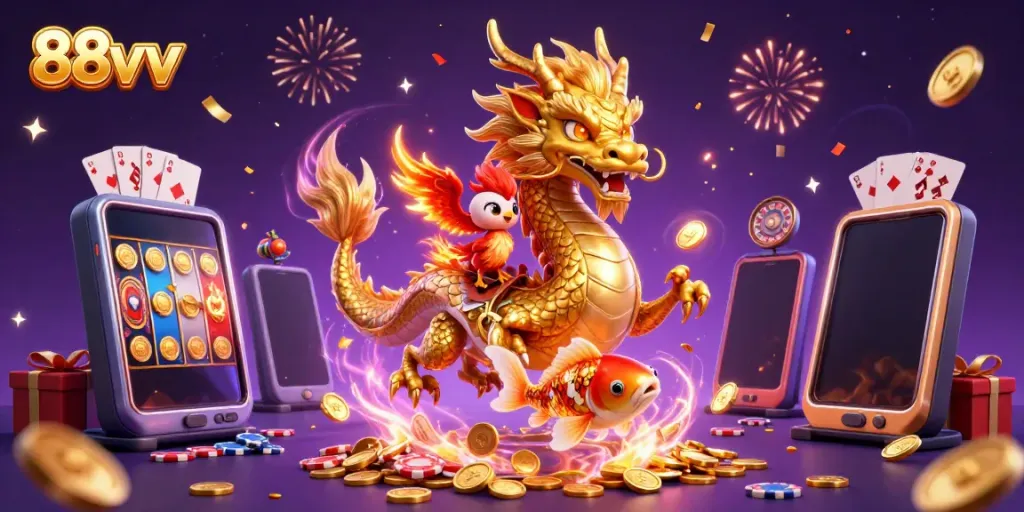 Experience the thrill of 88vv with dragons, phoenixes, and jackpots surrounding casino elements.