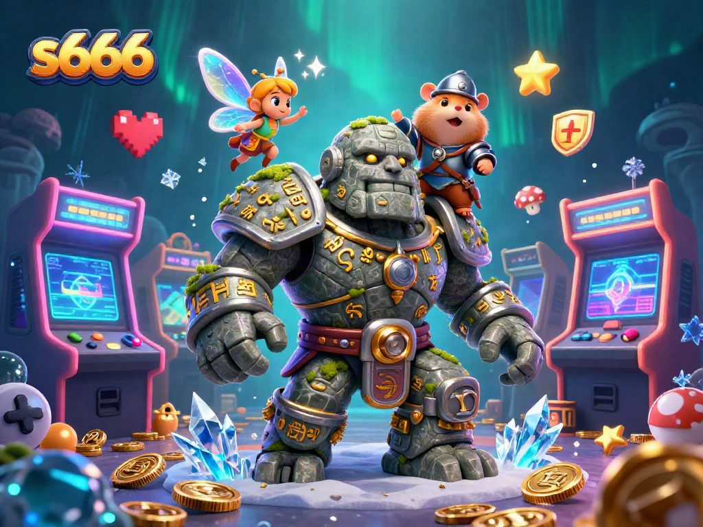 Join the adventure with s666: an ancient golem and fairy in a casino-themed scene.