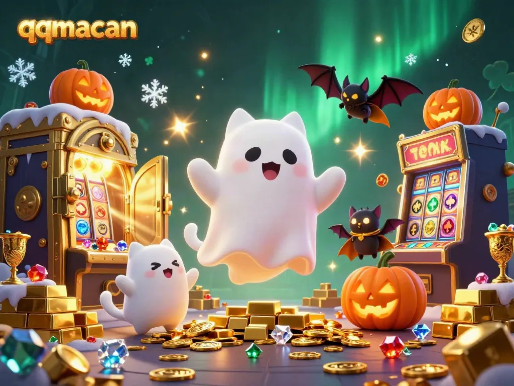 Win at qqmacan with a friendly ghost cat and vampire bat in a vibrant haunted casino scene.