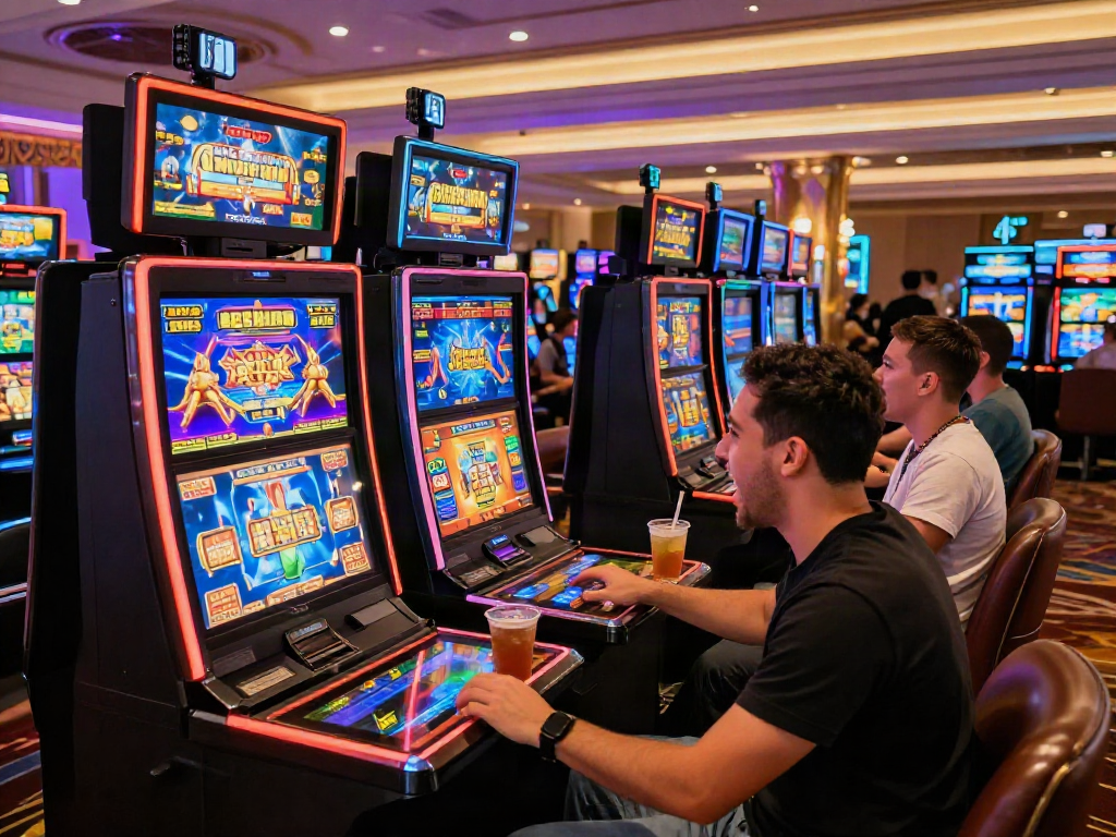 Exciting bandar slot gaming scene with friends at a vibrant online casino.
