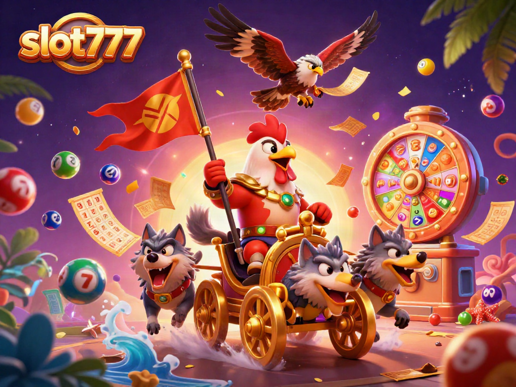 Experience the excitement of slot777 with a dynamic casino scene featuring vibrant games and characters.
