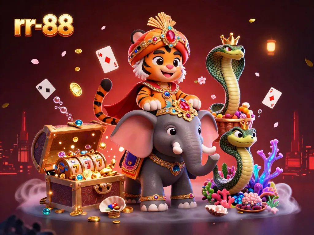 Experience thrilling gameplay at rr-88 with a vivid 3D scene featuring an elephant, maharaja, and exciting casino game elements.