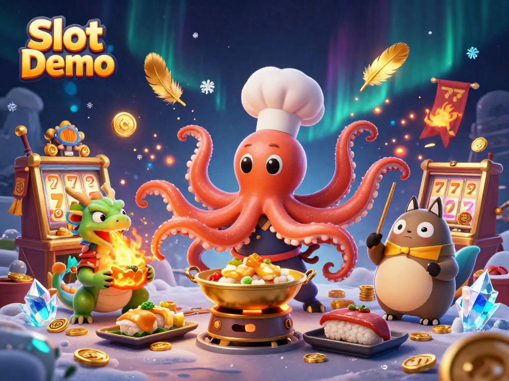 Experience Slot Demo excitement with our vibrant cartoon gambling scene packed with characters and elements.
