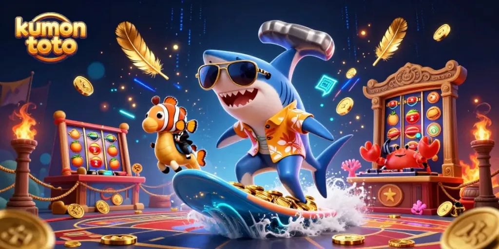 Kumon toto showcases an exciting casino scene with a shark riding gold coins and vibrant gaming elements.