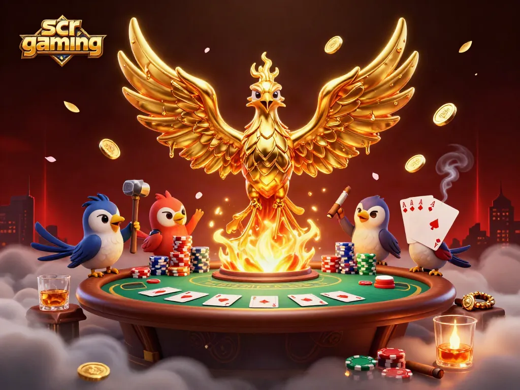 Experience the excitement of scr gaming with a golden phoenix and poker elements in a vibrant scene.