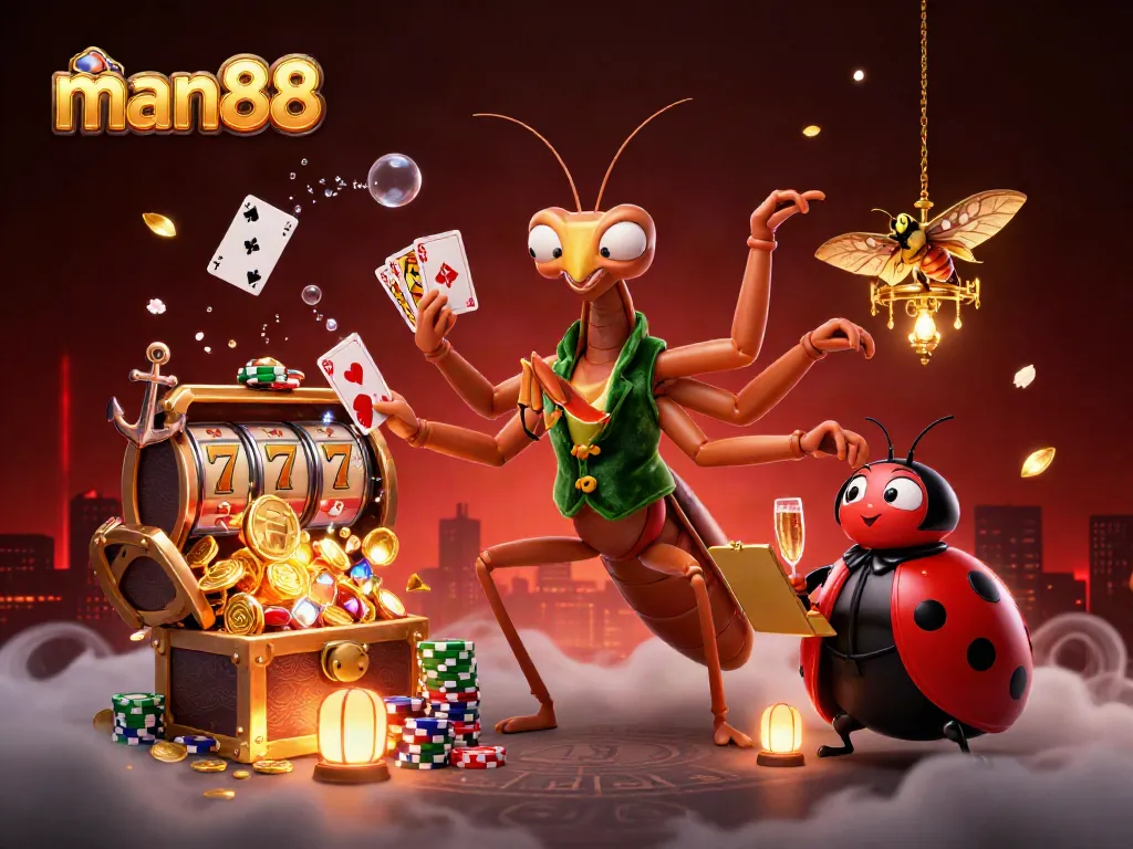 Experience thrilling gameplay at man88 with giant praying mantis and vibrant casino elements in a magical setting.