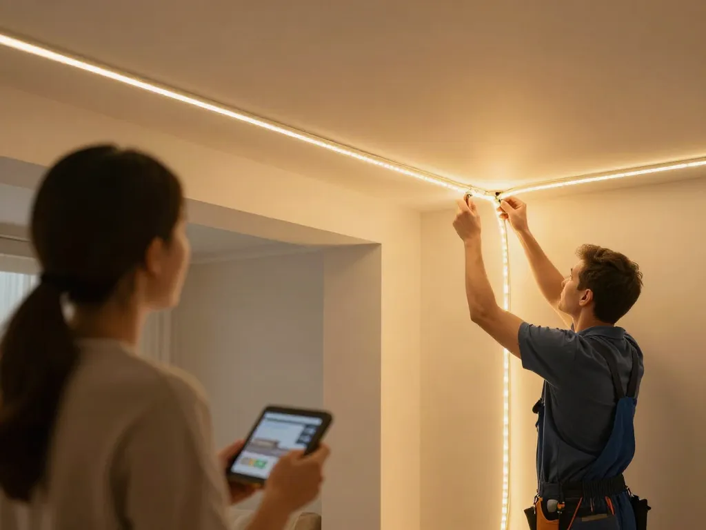 Banda LED 220V montată de un profesionist în servicii de iluminat local, creând un ambient confortabil.