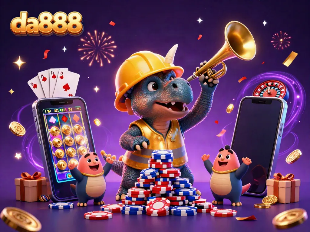 Engage in thrilling da888 gaming with a triceratops stacking poker chips amid vibrant celebrations.