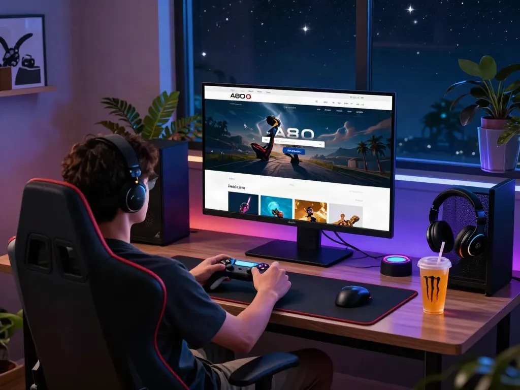 A80 homepage displayed on a laptop in a cozy gaming nook with accessories.