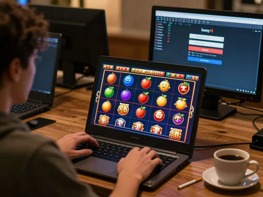 Exciting gaming scene with player using luxury12 login on smartphone in a cozy setting.